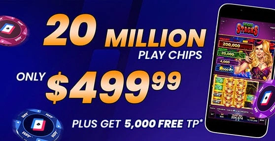 ClubWPT Gold 20 million play chips promotion showing $499.99 price and 5,000 free Tournament Points bonus