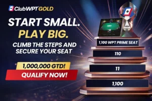 ClubWPT Gold WPT Prime qualification ladder showing step progression from 1.1 to 1100 leading to a WPT Prime tournament seat.