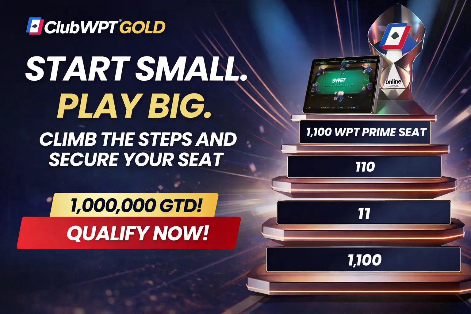ClubWPT Gold WPT Prime qualification ladder showing step progression from 1.1 to 1100 leading to a WPT Prime tournament seat.