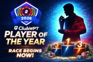 ClubWPT 2026 Player of the Year poker competition featuring tournament trophy and leaderboard race announcement