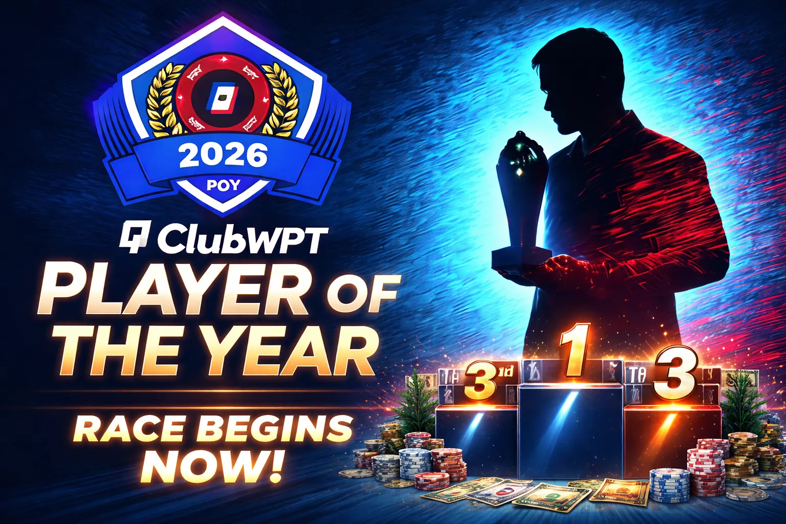 ClubWPT 2026 Player of the Year poker competition featuring tournament trophy and leaderboard race announcement