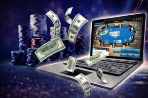 Laptop displaying online poker table with flying dollar bills and poker chips representing ClubWPT weekend tournaments and cash events