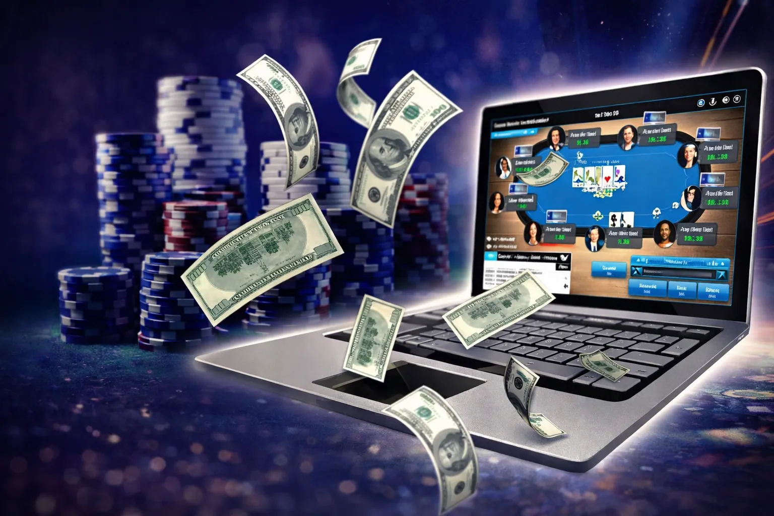 Laptop displaying online poker table with flying dollar bills and poker chips representing ClubWPT weekend tournaments and cash events