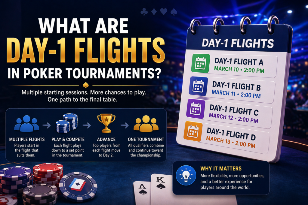 Day-1 flights in poker tournaments showing multiple starting sessions and progression to final table