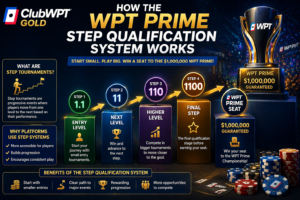 WPT Prime step qualification ladder on ClubWPT Gold showing progression from small entry levels to $1,000,000 tournament seat